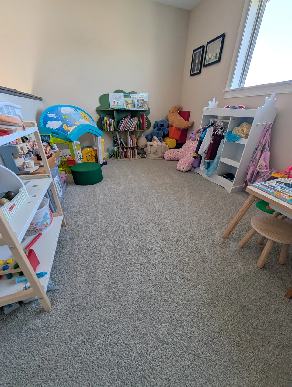 A tidy children’s playroom with freshly vacuumed carpet, a tree-shaped bookshelf, and a dress-up rack